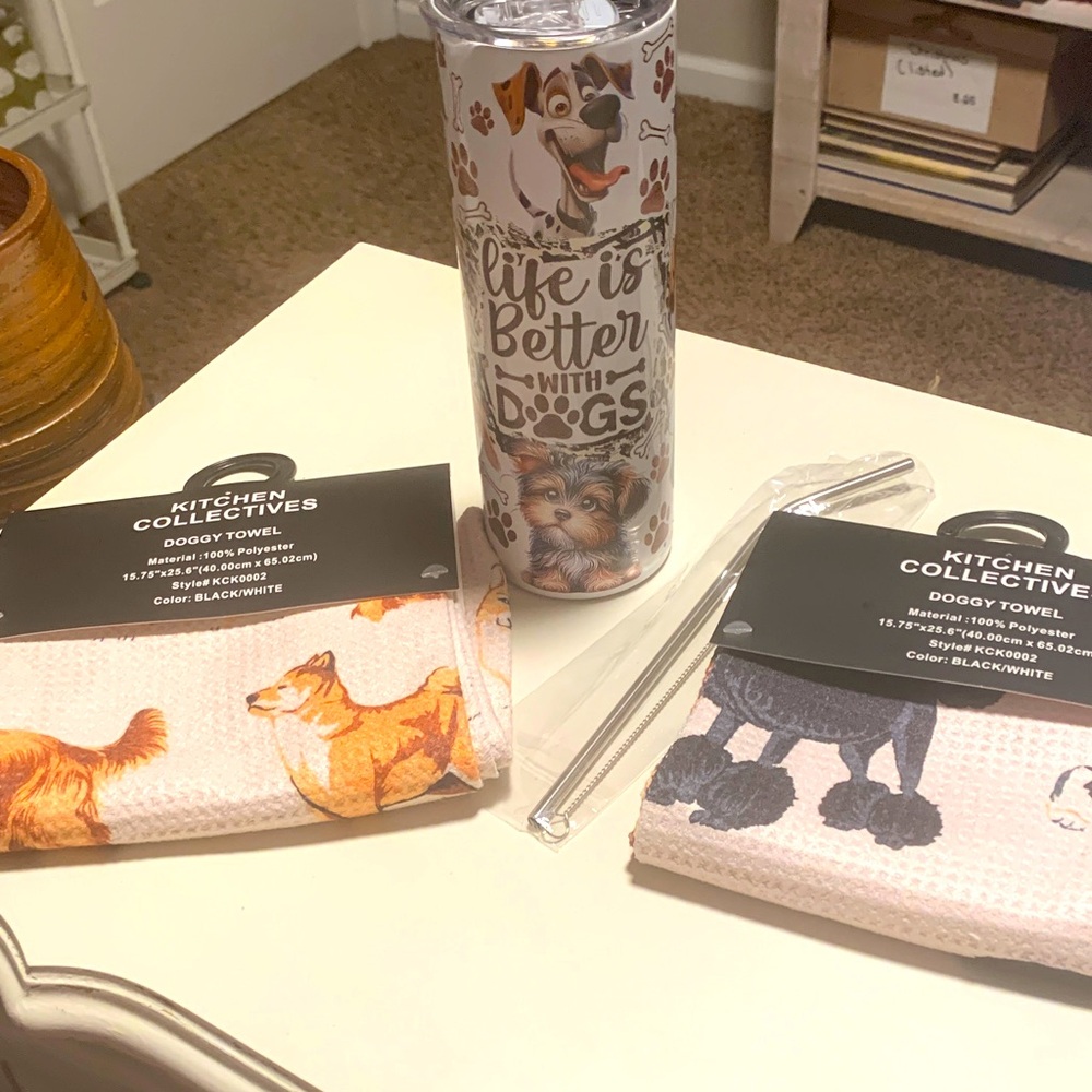 Dog Print Tumbler and Towels Set